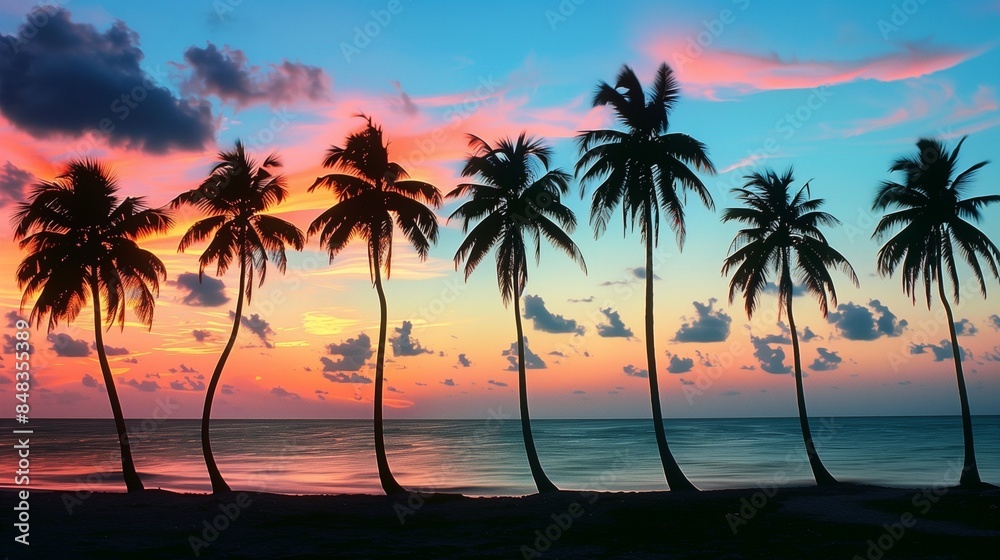 A picturesque sunset with a row of palm trees along the shoreline, their silhouettes stark against the vibrant colors of the sky and ocean. A picturesque sunset with a row of palm trees along the shoreline, their silhouettes stark against the vibrant colors of the sky and ocean.