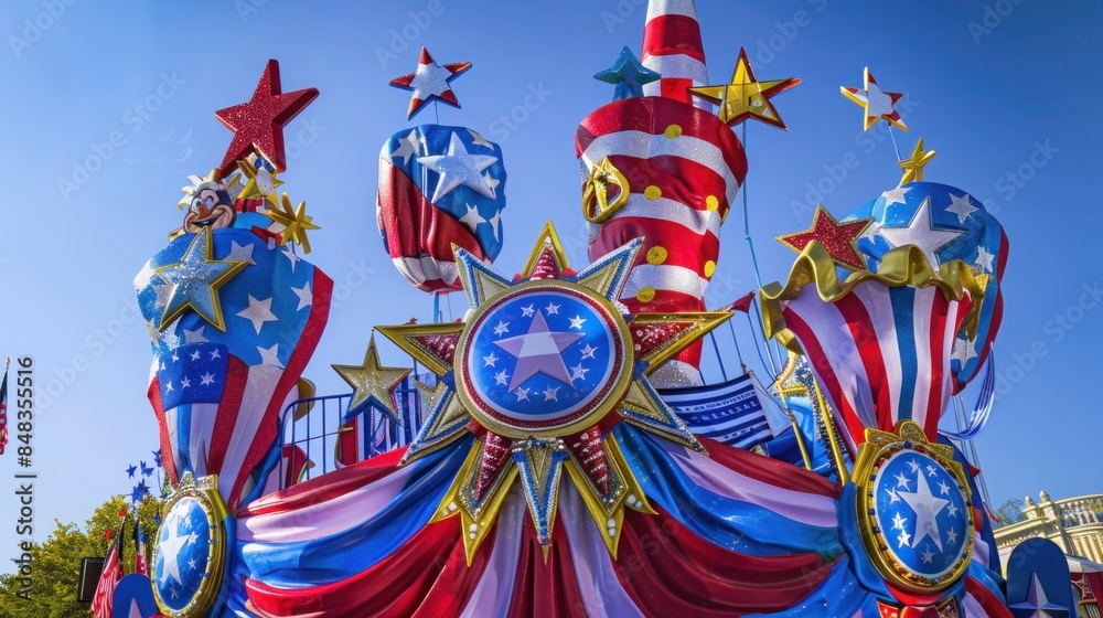 Fototapeta premium vibrant parade float adorned with patriotic colors and symbols against a clear blue sky