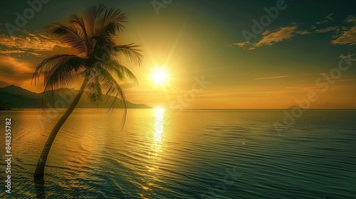 A serene evening with a palm tree standing at the edge of a lagoon, the setting sun casting a golden light over the calm waters.
