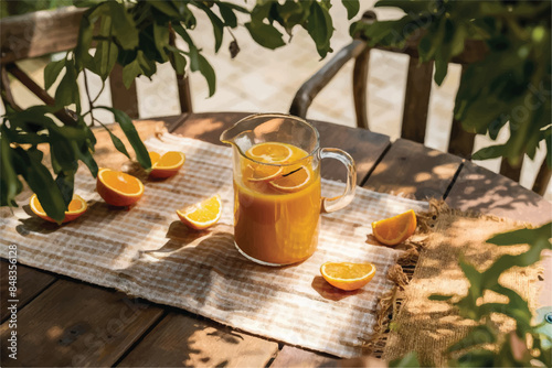 Fresh orange juice in glass beaker, slices of sliced oranges and basket on background of spring green nature with sunbeams. Vitamins and fruits. Healthy lifestyle. Spring background with orange juic