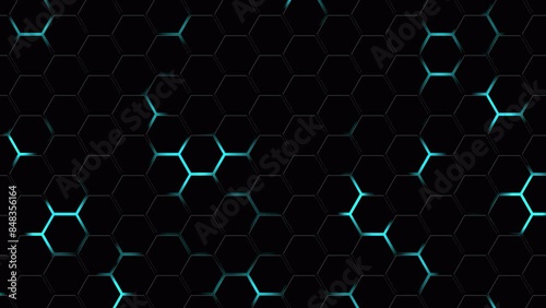 Modern Futuristic Honeycomb Concept, Abstract Dark Hexagon Pattern on a Blue Neon Technology Background