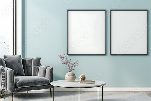 Two square frames on a pale blue wall in a living room with a gray velvet armchair and a modern coffee table.