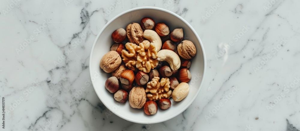 Mixed nuts presented in a white ceramic bowl. Mixed nuts presented in a white ceramic bowl.