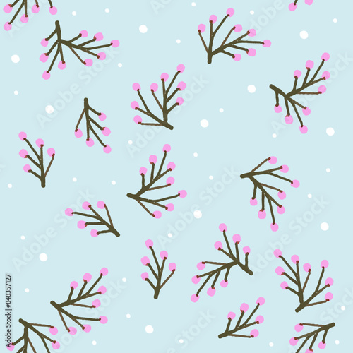 Flower buds, handmade vector illustration. Snow, flower and snowflakes, winter, autumn. Seamless pattern, print for fabrics. Organic shapes, beautiful background.