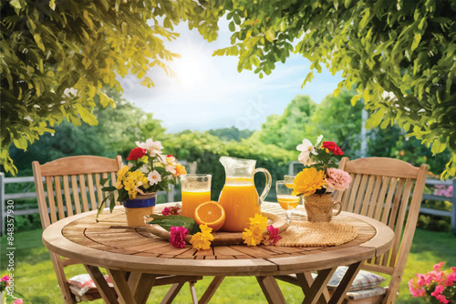 Fresh orange juice in glass beaker, slices of sliced oranges and basket on background of spring green nature with sunbeams. Vitamins and fruits. Healthy lifestyle. Spring background with orange juic