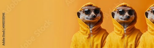 Meerkats wearing yellow hoodies and sunglasses against an orange background