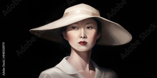 Portrait of a woman in oil paints, in a hat on a black background generated by AI