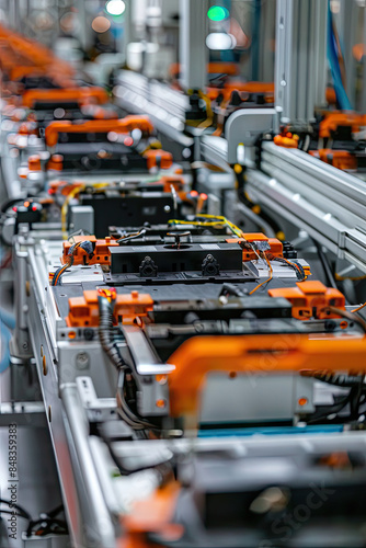 A close up view of the assembly line for mass producing electric vehicle battery cells is shown.