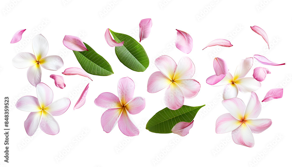 Fresh flying plumeria flowers and leaves isolated on white Fresh flying plumeria flowers and leaves isolated on white