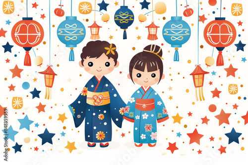 Cute Orihime and Hikoboshi Illustration With Lanterns and Stars photo