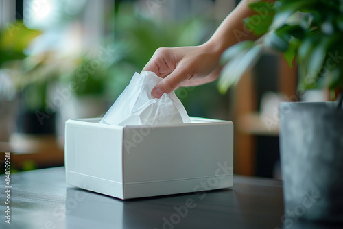 Person Pulling A Facial Tissue From A White Box On A Table
