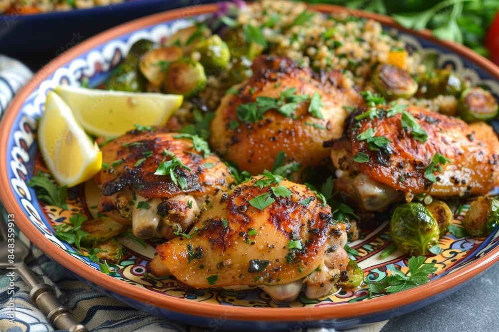 Delicious Baked Chicken Thighs with Roasted Brussels Sprouts and Quinoa Salad Garnished with Fresh Herbs Delicious Baked Chicken Thighs with Roasted Brussels Sprouts and Quinoa Salad Garnished with Fresh Herbs