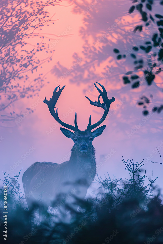 A deer blending into the colors of a foggy morning.