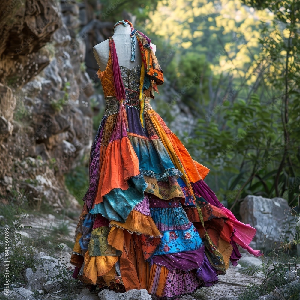 Vibrant Upcycled Textile Dress in Natural Setting - Ultra Realistic Fashion Photography Vibrant Upcycled Textile Dress in Natural Setting - Ultra Realistic Fashion Photography