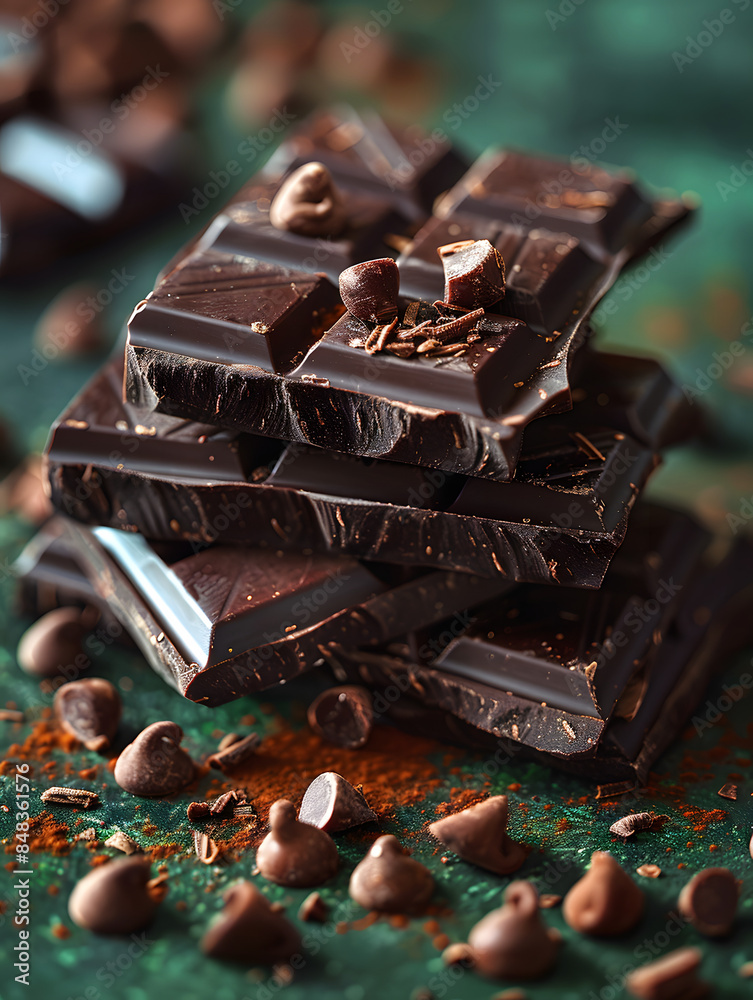 trozos de chocolate puro apilados sobre la mesa trozos de chocolate puro apilados sobre la mesa