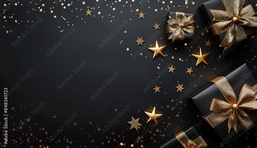 christmas background with stars with black and gold gifts box christmas background with stars with black and gold gifts box