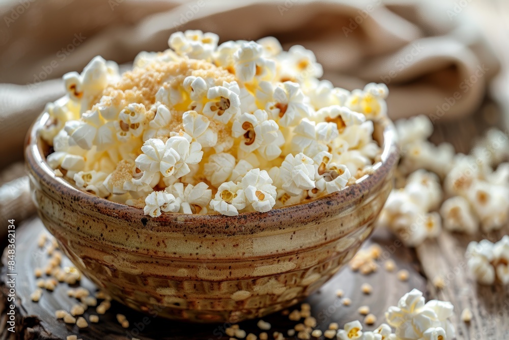 Rustic Ceramic Bowl with Air Popped Popcorn and Nutritional Yeast Topping: Perfect for Snacks and Recipes Rustic Ceramic Bowl with Air Popped Popcorn and Nutritional Yeast Topping: Perfect for Snacks and Recipes