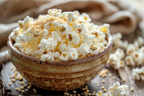 Rustic Ceramic Bowl with Air Popped Popcorn and Nutritional Yeast Topping: Perfect for Snacks and Recipes