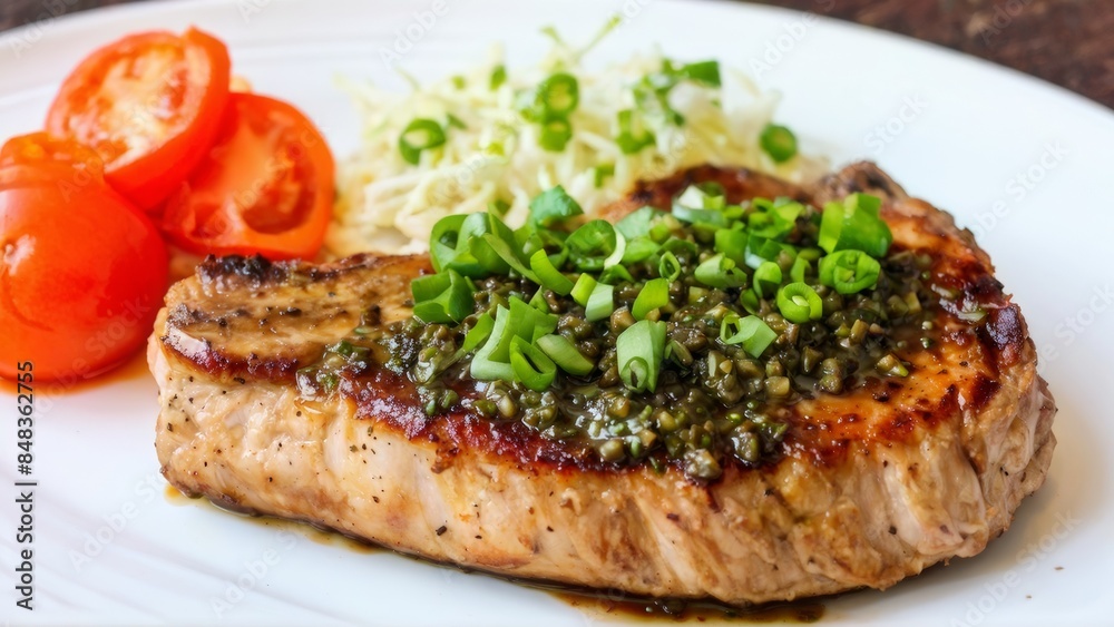 Pork chop topped with dark green chili sauce. Pork chop topped with dark green chili sauce.
