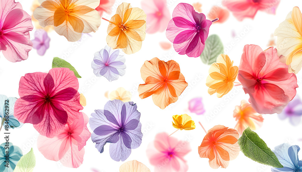 Fresh flying colorful flowers transparent structure and leaves isolated on white Fresh flying colorful flowers transparent structure and leaves isolated on white