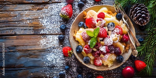 Aprèsski dessert Kaiserschmarrn crepes with fresh fruits. Concept Winter Recipes, Austrian Cuisine, Ski Resort Dining photo