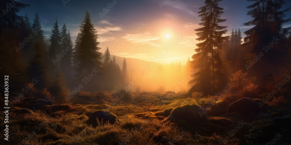 Fototapeta premium Misty Mountain Forest Landscape In Early Morning. Golden Sunrise In Foggy Forest Meadow. Generative AI