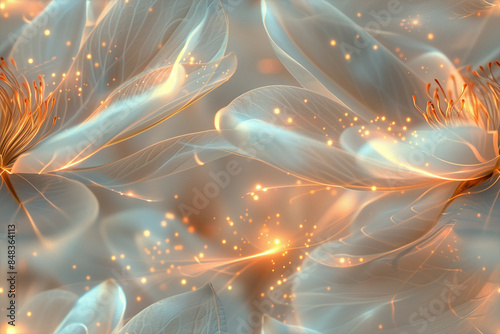 Close-up of ethereal translucent flowers with golden accents, illuminated softly against a pale background, creating a magical and serene visual effect