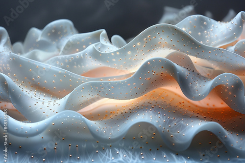 Close-up of delicate, translucent, wavy fabric with intricate patterns and soft lighting creating a dreamy and ethereal effect