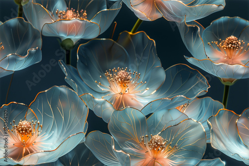 Close-up of delicate translucent flowers with golden accents, softly glowing against a dark background, creating an ethereal and elegant visual