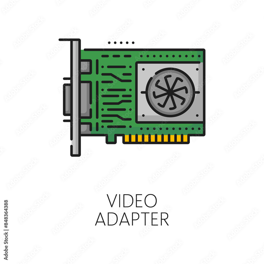 Computer video adapter software color thin line icon. Digital technology application, computer system driver support or server hardware repair thin line vector icon with PC video or graphic card Computer video adapter software color thin line icon. Digital technology application, computer system driver support or server hardware repair thin line vector icon with PC video or graphic card