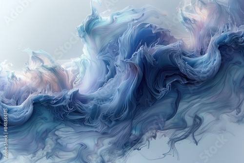 Abstract acrylic artwork featuring swirling blue and white hues