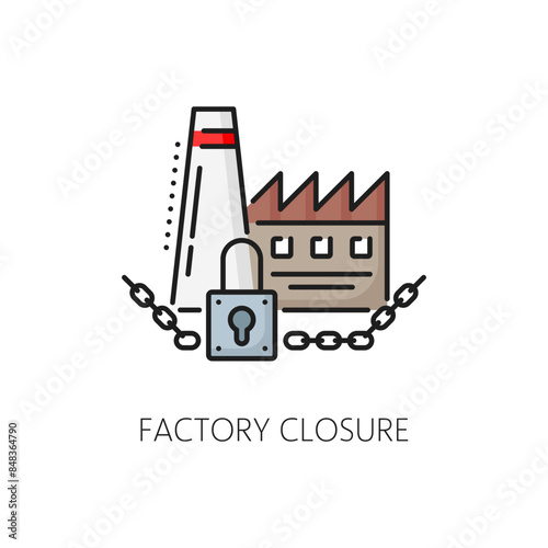 Factory closure color line icon of economic crisis, bankruptcy and business shutdown. Vector economic downturn, finance recession and industrial decline symbol with outline plant building and padlock
