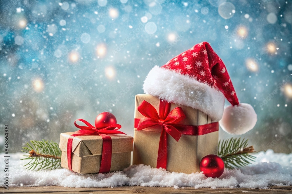 Festive Christmas gifts with Santa hat and snow