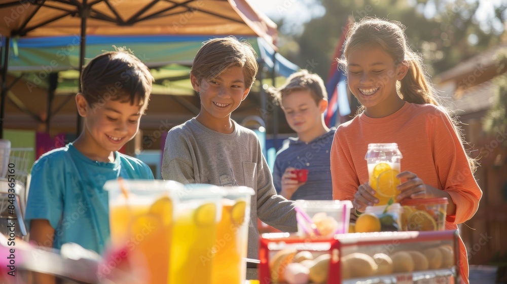Obraz premium Children Hosting a Lemonade Stand Fundraiser Event on a Sunny Day for School Supplies Support