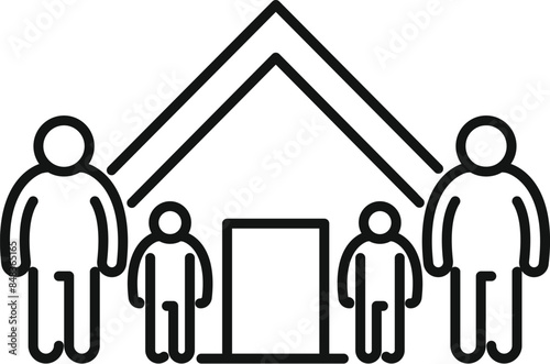 Line art icon of a family of four standing underneath a roof line, representing home insurance and family protection