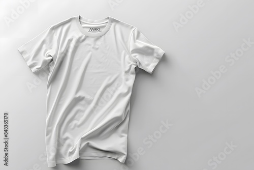 Realistic product mockup of a blank white t-shirt laid flat, ideal for presenting custom designs or branding concepts © sakareeya