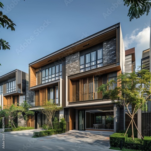 Modern Luxurious Townhome Facade in Bangna with Wood and Stone Finishes   Ultra Realistic Exterior Design © kittipoj