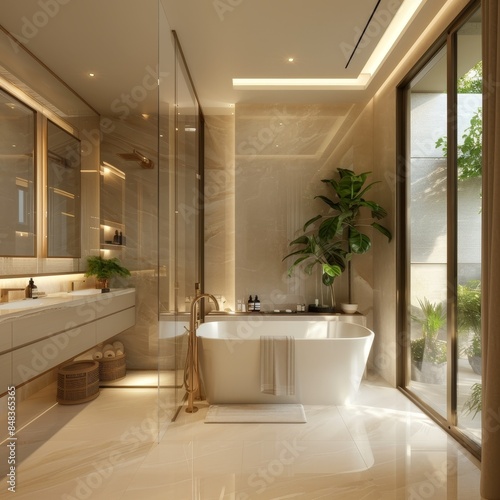 Opulent Bathroom with Freestanding Tub in Luxurious Townhome, Samut Prakan's Bangna Area - Ultra Realistic Interior Design photo