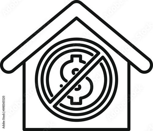 Line art icon representing a house with a forbidden sign over a dollar symbol, illustrating the concept of unaffordable housing