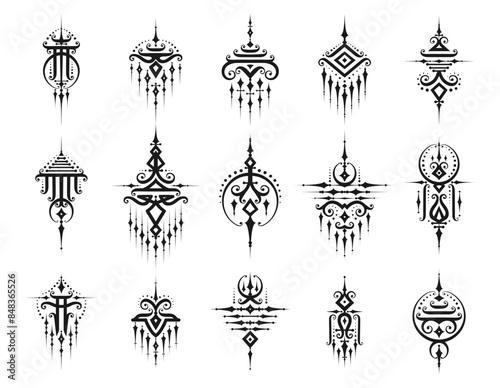 Sacred oriental thai symbols, vector black traditional religious motifs of Thailand. Cultural decorations, monochrome tattoo, signs reflecting heritage, spiritual depth and path to enlightenment