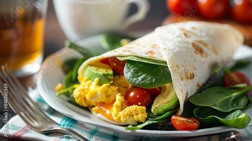 Healthy Breakfast Wrap with Scrambled Eggs, Spinach, Avocado, and Cherry Tomatoes for a Nutrient-Rich Start photo