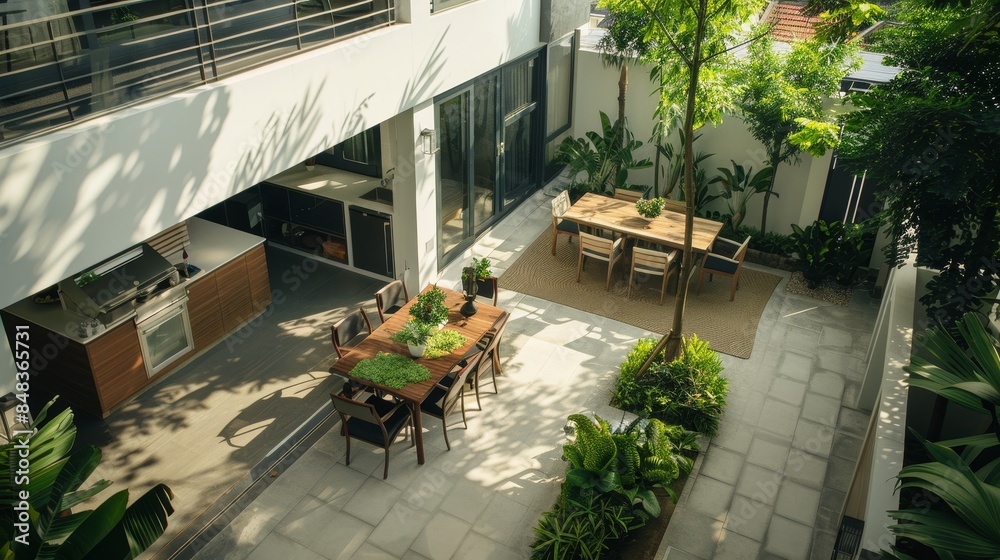 Naklejka premium Stylish Typography Art of a Spacious Townhome with Outdoor Kitchen and Botanical Decor in Samut Prakan's Bangna Area