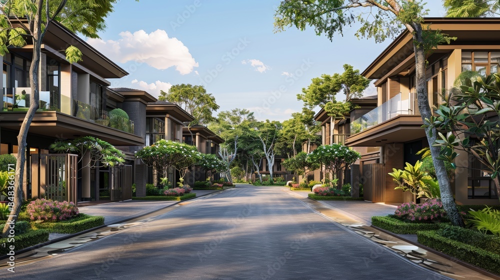 Tranquil 3D Illustration of an Elegant Townhome Surrounded by Greenery in Bangna, Samut Prakan, with Digital Anime Characters Tranquil 3D Illustration of an Elegant Townhome Surrounded by Greenery in Bangna, Samut Prakan, with Digital Anime Characters