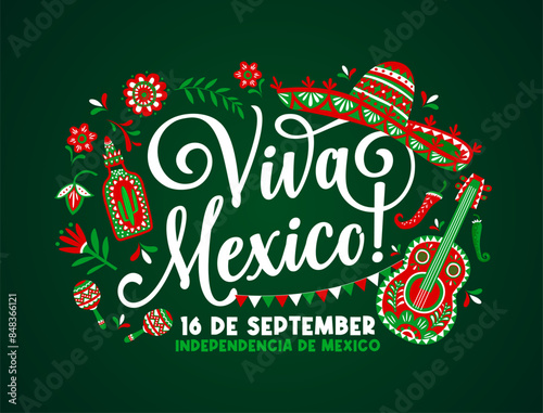 Viva mexico mexican independence day banner with sombrero, tequila and guitar, maracas and flowers. Vector holiday celebration greeting card with traditional jalapeno peppers, flag garland and hat