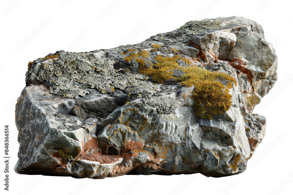 Fototapeta premium Close-up of a textured rock with moss growth, showcasing natural formations and geological patterns in detail, white background