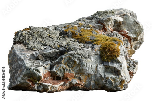 Close-up of a textured rock with moss growth, showcasing natural formations and geological patterns in detail, white background