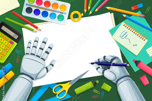Robot training to write. Vector technology and creativity scene with cartoon cyborg hand grips a pen, poised to write on blank sheet of paper, surrounded with watercolors, scissors, creative supplies