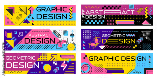 Abstract geometric modern memphis banners with vector line pattern of trendy minimal graphic elements. Geometric shapes grid background with squares, circles, triangles and dots, zigzag and wavy lines