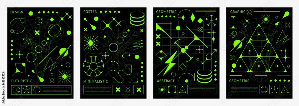 Acid brutal y2k posters with vector aesthetic pattern of abstract geometric shapes and minimal art line elements. Futuristic neon green star, sun, planet globe and sparks, brutal grid shapes and forms