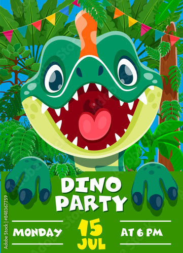 Kids birthday dino party invitation flyer with cute funny dino. Vector vivid banner with cheerful cartoon dinosaur amid a jungle backdrop with decorative bunting. Invite for fun-filled celebration